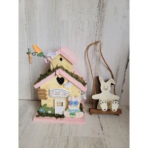 Wooden Easter bunny house rabbit swing spring home decor figure set